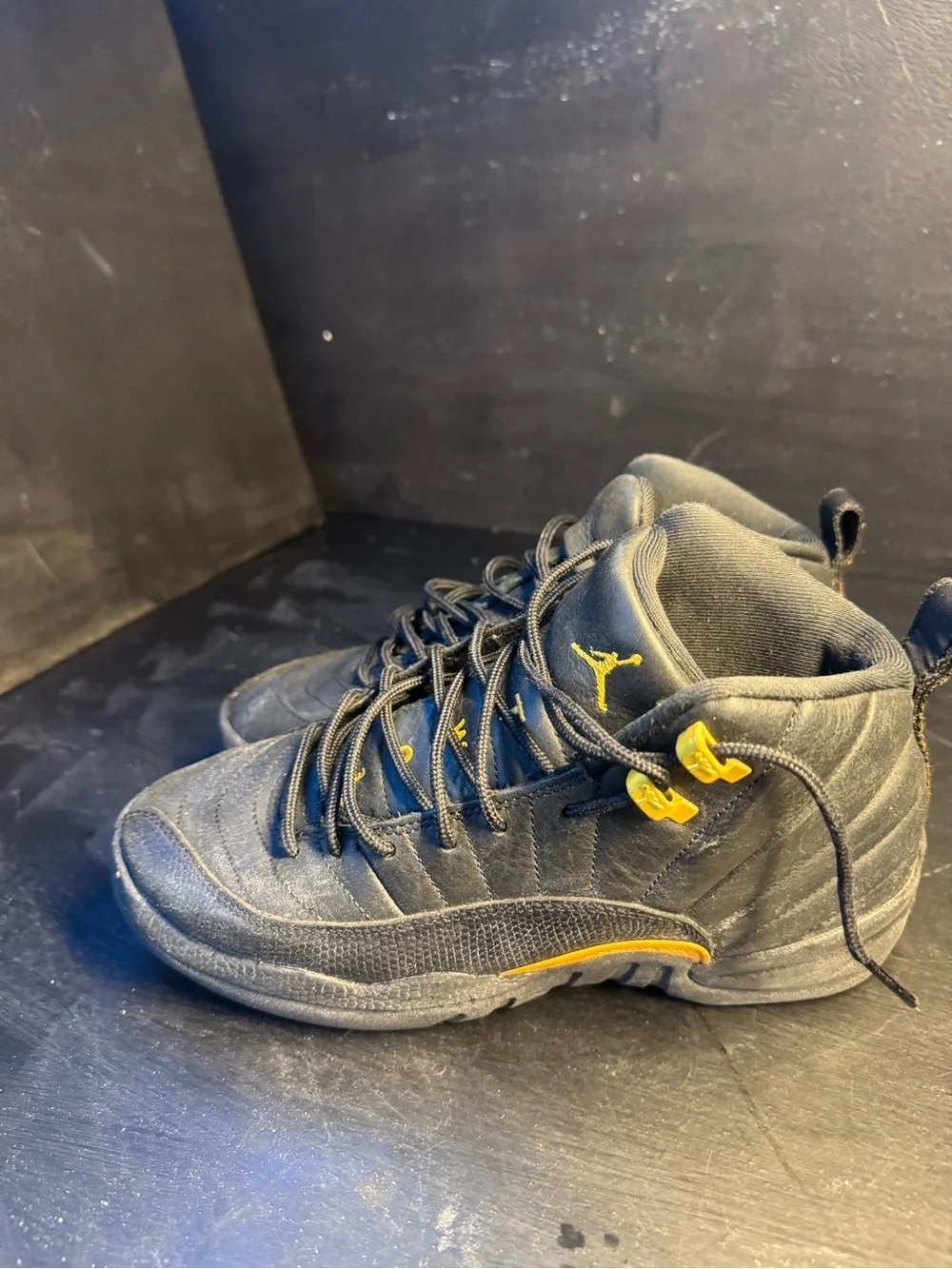 Jordan 12 men Black Sneakers with Yellow Accents